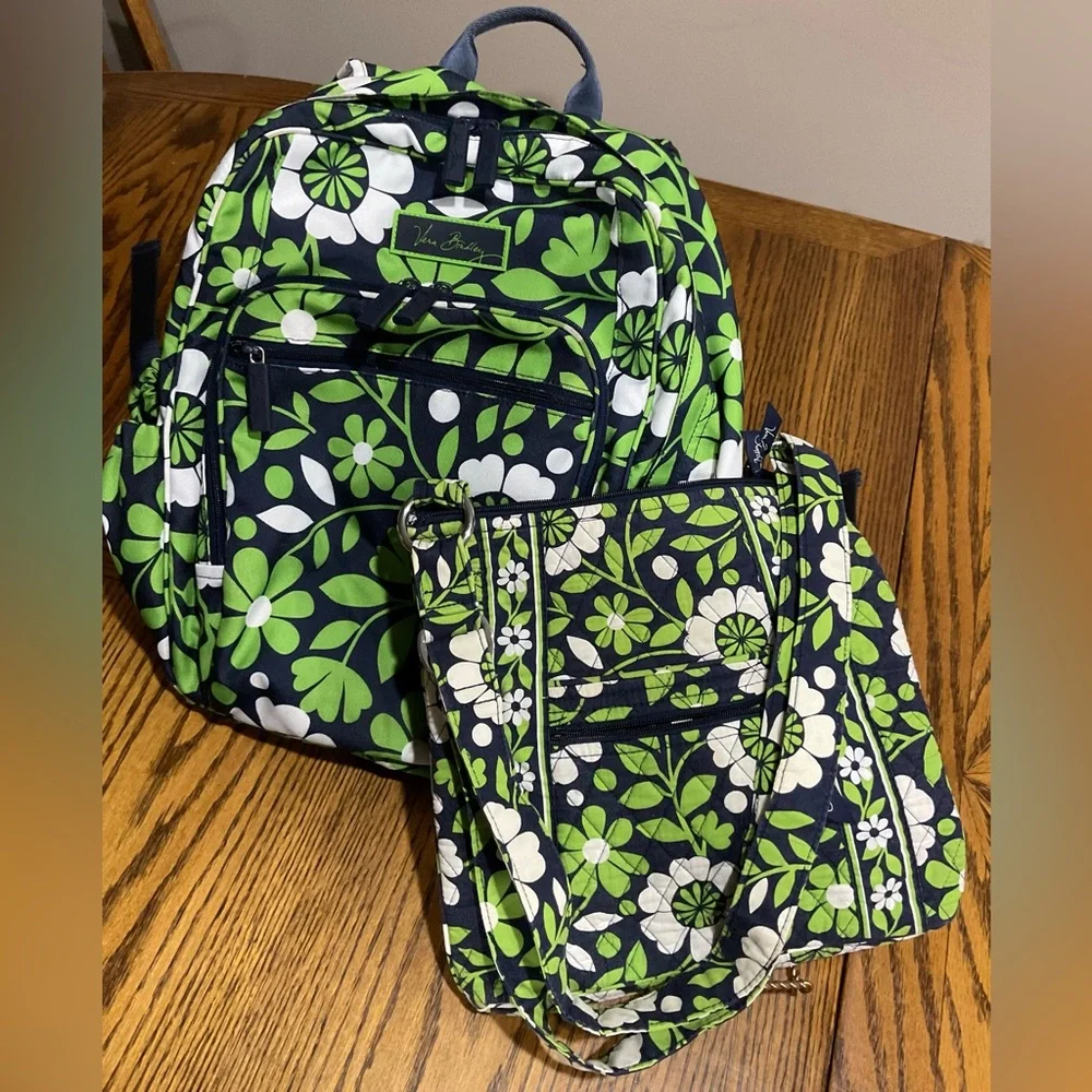 Vera Bradley floral canvas backpack with matching quilted shoulder purse-pockets